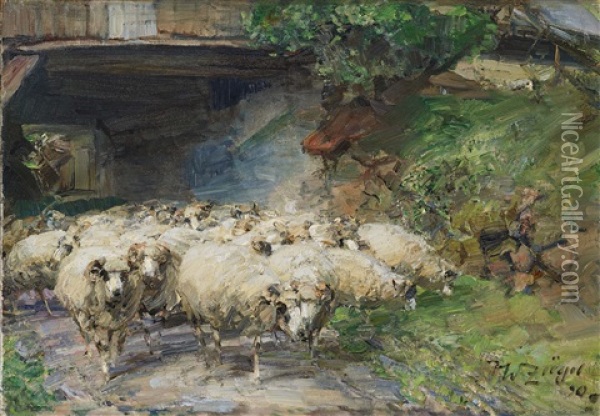Flock Of Sheep In Front Of The Wolkenhof Oil Painting - Heinrich von Zuegel
