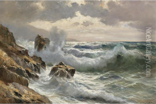 Breaking Waves By Moonlight Oil Painting - Constantin Alexandr. Westchiloff