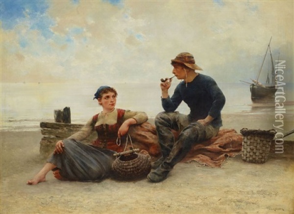 Flirt Pa Stranden, Bretagne Oil Painting - August Vilhelm Nikolaus Hagborg