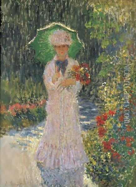 Camille A L'Ombrelle Verte Oil Painting - Claude Oscar Monet