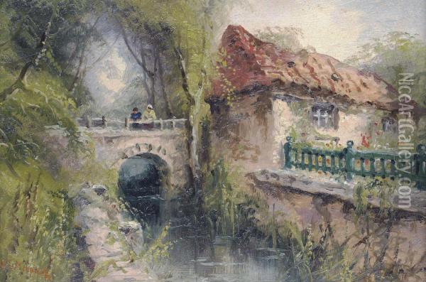Feeding The Ducks; And Cottage With Figures On A Bridge Over A Stream Oil Painting - S.L. Kilpack