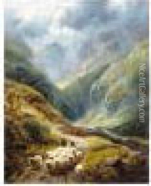 Shepherd With His Flock In A Highland Valley; Highland Cattle Crossing A Stream Oil Painting - Robert Watson