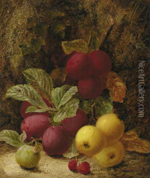 Still Life With Plums, Apples And Raspberries Oil Painting - Oliver Clare