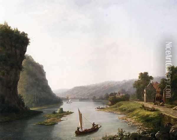 Fishing Boats on a River by a Village Oil Painting - Eugene Vermeulen