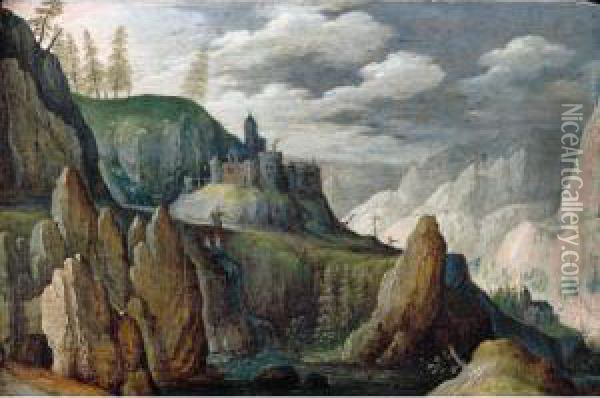 An Extensive Mountainous Landscape With Two Figures Crossing A Bridge, A Castle Beyond Oil Painting - Tobias van Haecht (see Verhaecht)