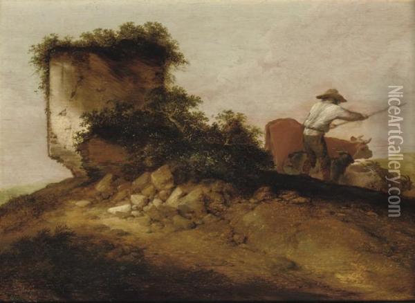 A Rocky Landscape With A Herdsman Tending His Cattle Andgoats Oil Painting - Jacobus Sibrandi Mancandan