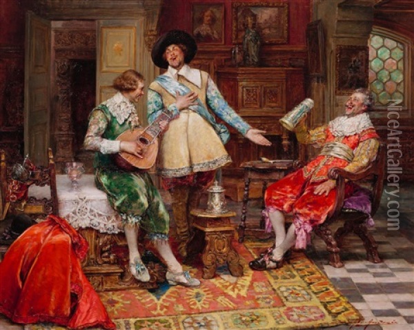 Cavalier Figures In An Interior Oil Painting - Alex De Andreis