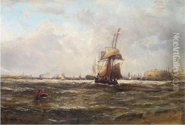 A Schooner Leaving Portsmouth Harbour Oil Painting - Edwin Hayes