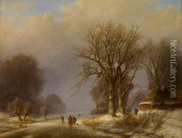 Spazierganger Auf Einem Zugefrorenen See Oil Painting - Johann Bernard Klombeck