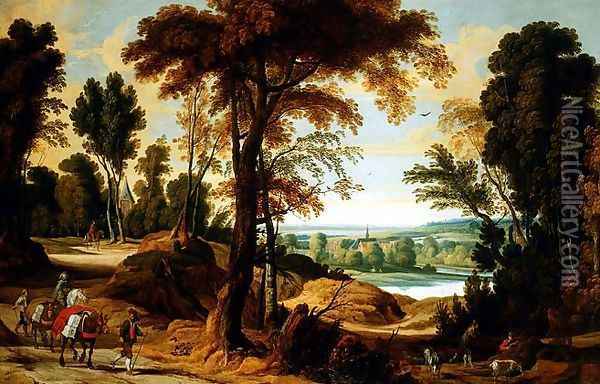 A wooded river landscape with figures on a road Oil Painting - Jan Wildens
