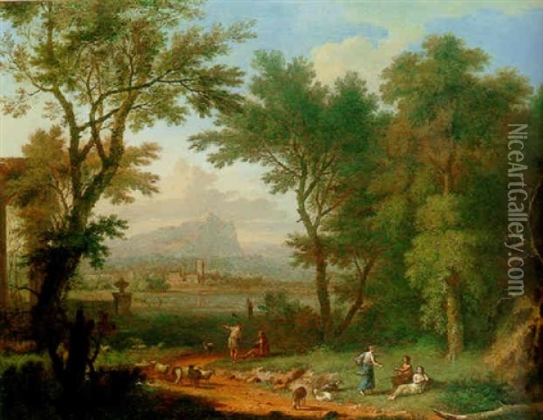 A Classical Landscape With Figures In The Foreground, A Town Beyond Oil Painting - Jan Van Huysum