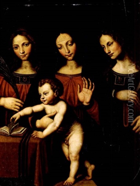 Madonna Mit Kind Flankiert Von Den Heiligen Barbara Und Katharina (in Collab. W/workshop) Oil Painting - Bernardino Luini