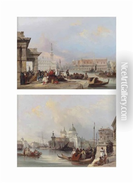 The Doge's Palace From The Dogana (+ Santa Maria Della Salute, Venice; 2 Works) Oil Painting - Edward Pritchett