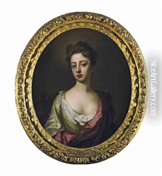 Portrait Of Sarah, Duchess Of Marlborough, In A Green Dress And A Pink Mantle Oil Painting - Michael Dahl