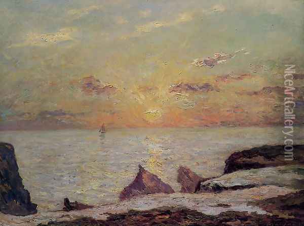 On the Cliffs of Belle Isle on Mer, Sunset Oil Painting - Maxime Maufra