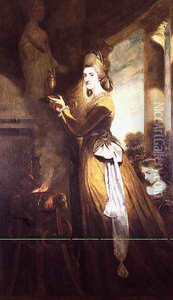 Mrs. Peter Beckford, 1781-2 The wife of a Dorset Gentleman portrayed making a libation to the Greek goddess of health, Hygeia, whose emblem was a snake Oil Painting - Sir Joshua Reynolds