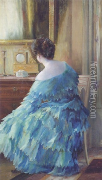 An Elegant Lady Seated In A Blue Dress Oil Painting - Etienne Tournes