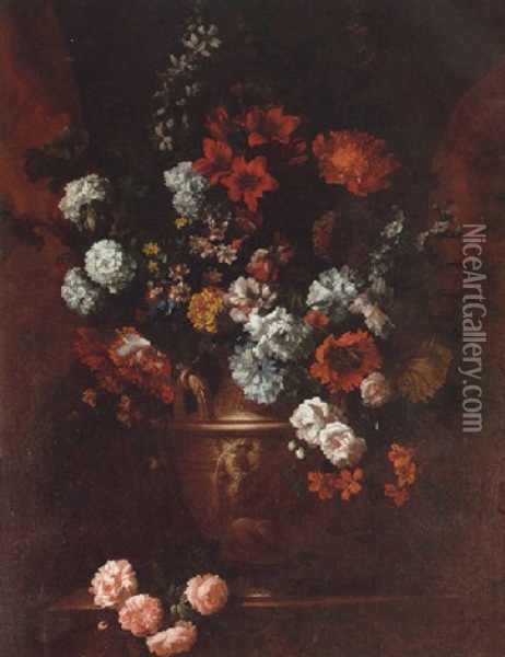 A Still Life Of Roses, Parrot Tulips, Lilac, Marigolds, Cornflowers And Other Flowers In A Sculpted Vase On A Stone Plinth Within A Niche Oil Painting - Jean-Baptiste Monnoyer
