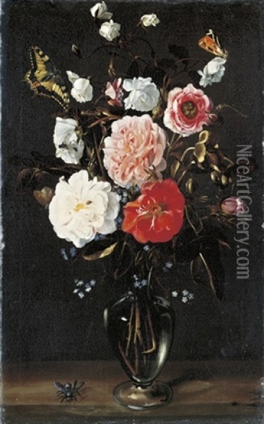 Roses And Forget-me-nots In A Glass Vase Oil Painting - Pier Francesco Cittadini