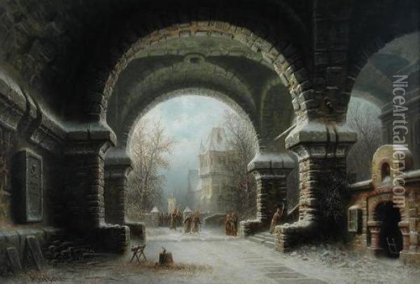 Awinter Scene With A Religious Procession Through The Gates Of Acathedral Oil Painting - Albert Bredow
