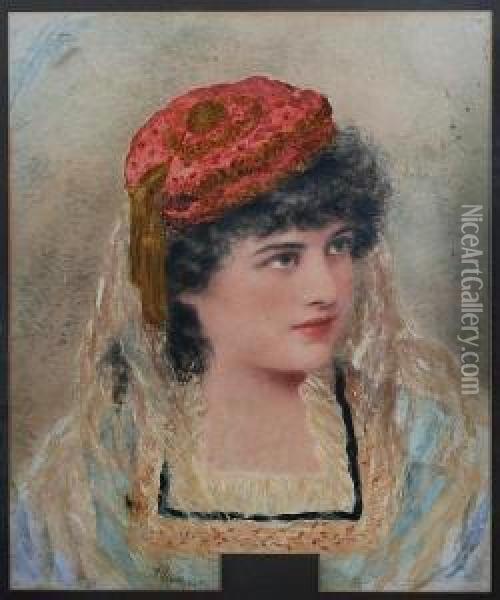 A Young Lady Wearing Red Bonnet And Lace Veil, Head And Shoulders Oil Painting - Alice Renshaw