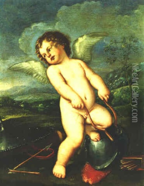 Cupid Playing With The Arms Of Mars Oil Painting - Francesco Albani