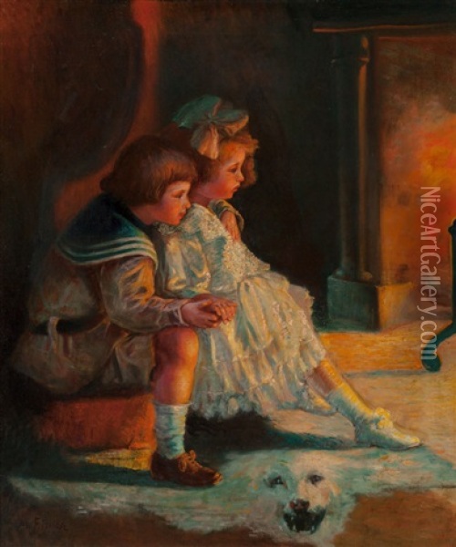 Children Warmed By Fire Oil Painting - Mark William Fisher