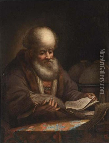 A Portrait Of A Bearded Man Reading Oil Painting - Rembrandt Van Rijn