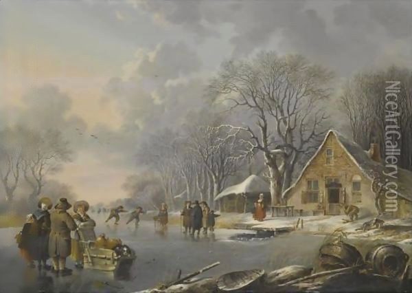 A Winter Landscape With Skaters On A Frozen River Near An Inn Oil Painting - Andries Vermeulen