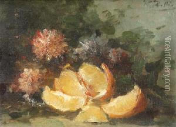 Still Life With Orange And Flowers Oil Painting - Hubert Bellis