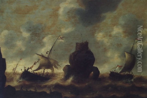 Stormy Seas With A Shipwreck And Fishermen In The Foreground Oil Painting - Jacob Adriaenz. Bellevois