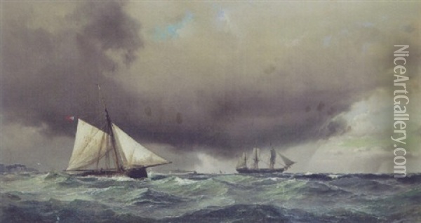 Marine Med Sejlskibe Pa Havet Oil Painting - Daniel Hermann Anton Melbye