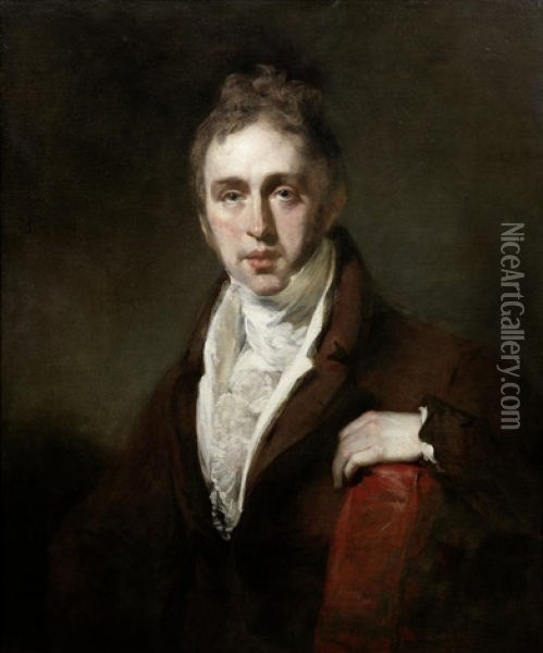 Portrait Of A Gentleman, Bust-length, In A Brown Coat, Seated Oil Painting - Sir John Hoppner