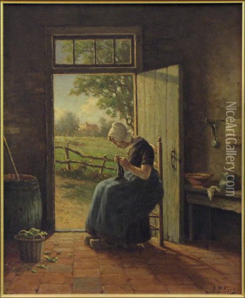 Knitting By The Door Light Oil Painting - Adriaan Marinus Geijp