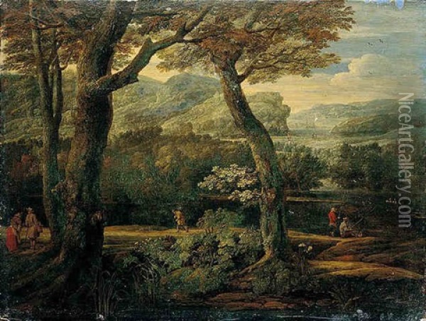 A Wooded River Landscape With Two Men Fishing, A Traveller, And Two Figures Conversing Oil Painting - Eglon Hendrik van der Neer