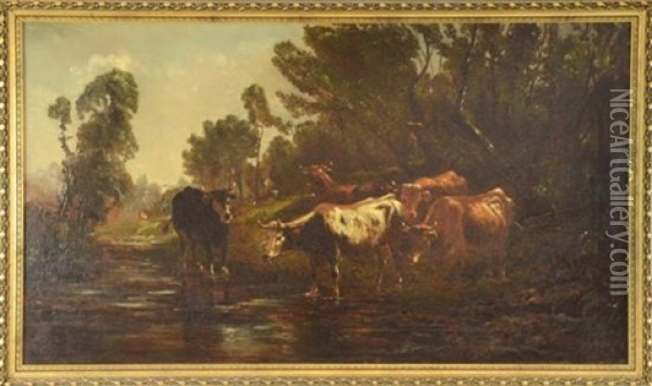 Cattle In A Landscape Oil Painting - Antonio Cortes Cordero