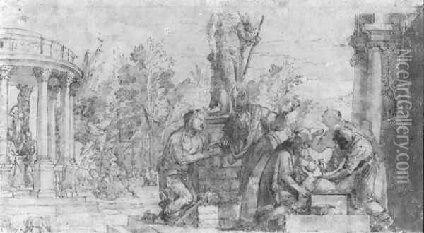 Figures sacrificing by an altar Oil Painting - Giovanni Battista Zelotti