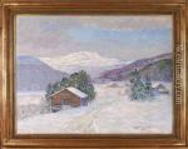 Vinterlandskap Med Stugor, Signerad Och Daterad A. Genberg 1938 Oil Painting - Anton Genberg