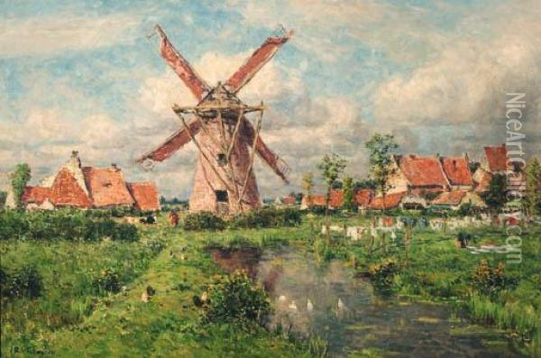 A Windmill In A Village In Summer Oil Painting - Isidore Verheyden