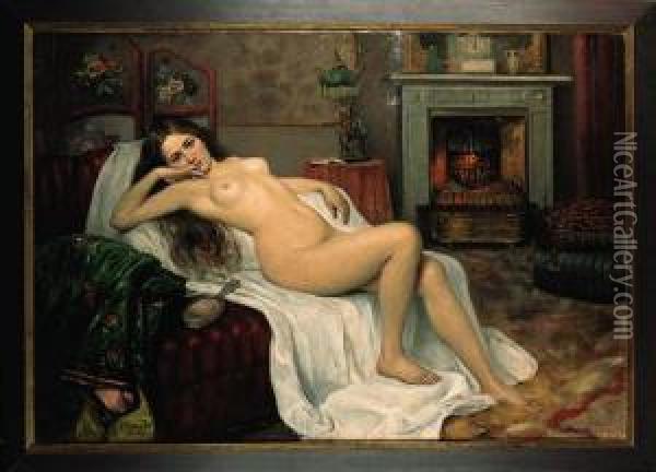 Reclining Nude On A Draped Sofa Oil Painting - Sergei Semenovich Egornov