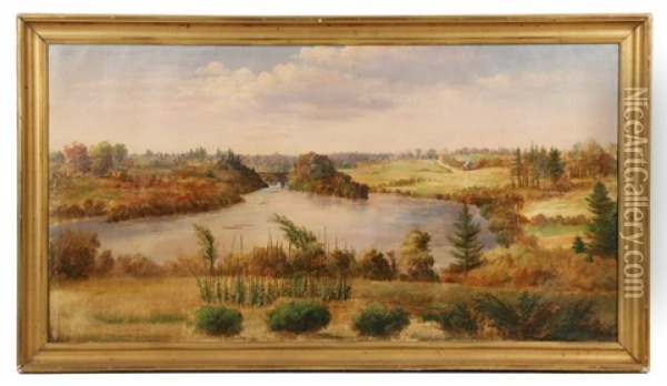 Log Pond And Iron Bridge, Piscataquis River, Derby, Maine Oil Painting - Seth W. Stewart