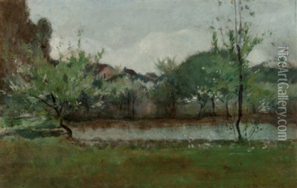 Landscape With Cottages Oil Painting - John Henry Twachtman