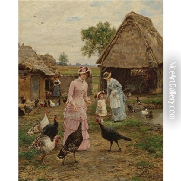 Feeding The Turkeys Oil Painting - Marie Francois Firmin-Girard