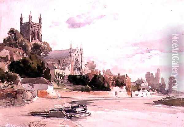 Worcester Cathedral: Seen from the River Oil Painting - William Callow
