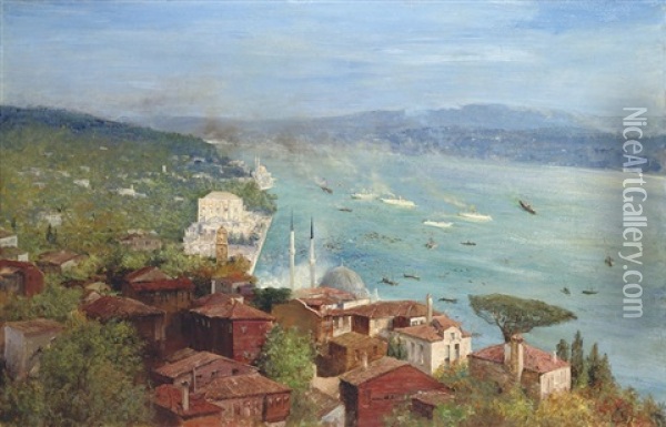 Dolmabahce Palace And Buyuk Mecidiye, Ortakoy, Mosque, Constantinople Oil Painting - Max Friedrich Rabes