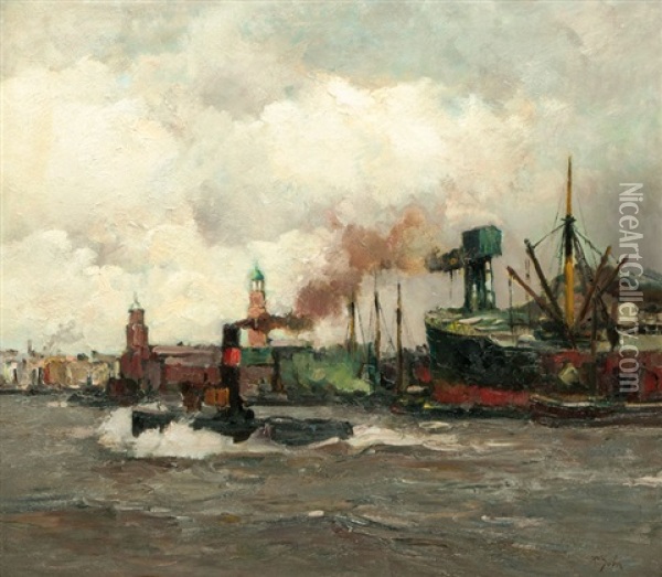 Tug-boat In The Port Of Hamburg Oil Painting - Rudolf Anton Guba