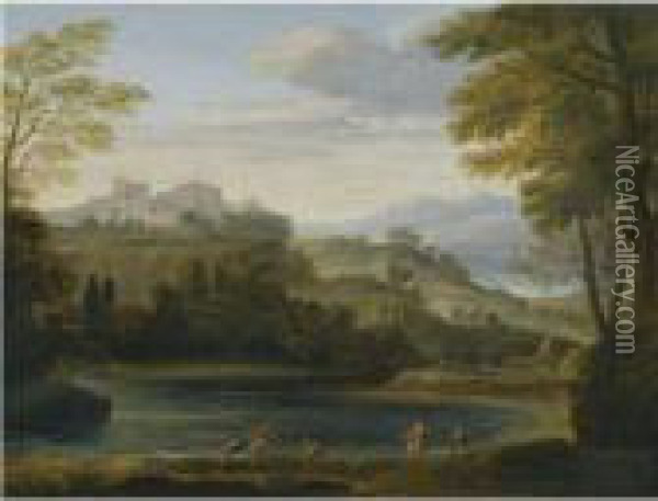 A Classical Landscape With Fishermen Drawing In Their Nets Oil Painting - Gaspard Dughet Poussin