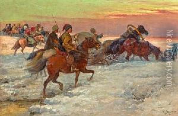 Soldiers In The Snow Oil Painting - Petr Pjotr Stojanow