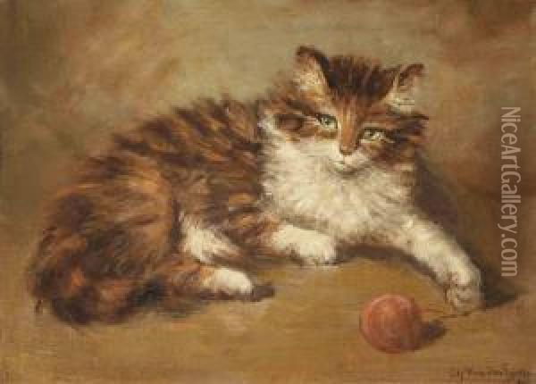 A Cat Playing With Wool Oil Painting - Charles Van Der Eycken