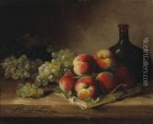 A Still Life With Red Currants 
And Plums In A Wicker Basket; And A Companion Still Life (a Pair) Oil Painting - Alphonse de Neuville